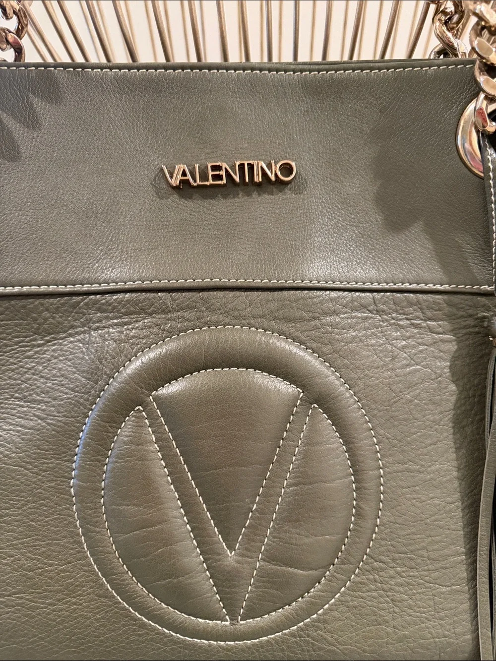 Valentino Olive Green Leather Shoulder Bag with Gold Chain Straps - Picture 2 of 14
